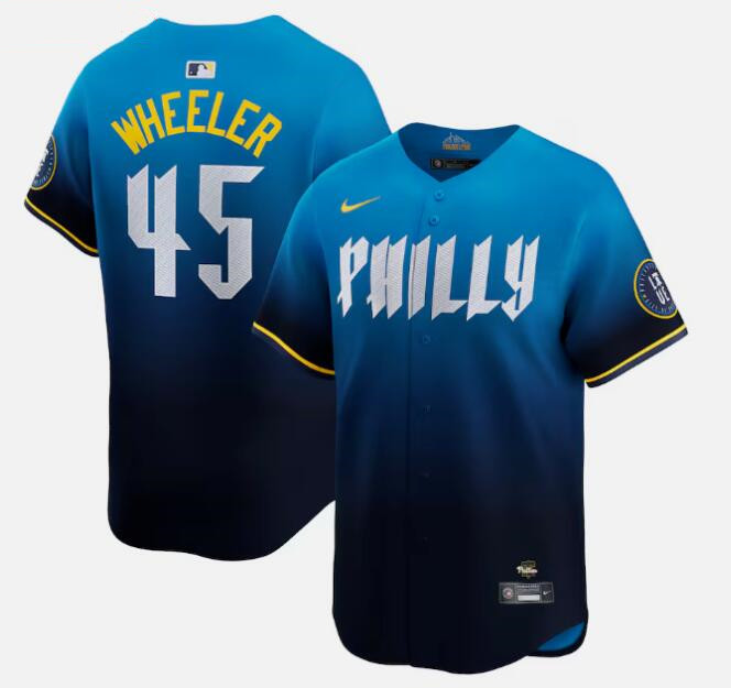 Men's Philadelphia Phillies #45 Zack Wheeler Blue 2024 City Connect Limited Stitched Jersey
